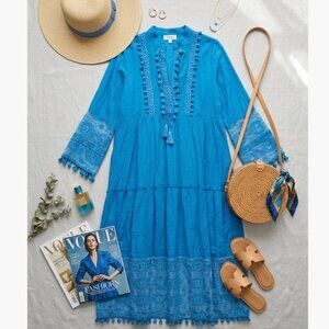 Women Summer Boho Floral Lace V Neck 3/4 Sleeve Beach Size Large